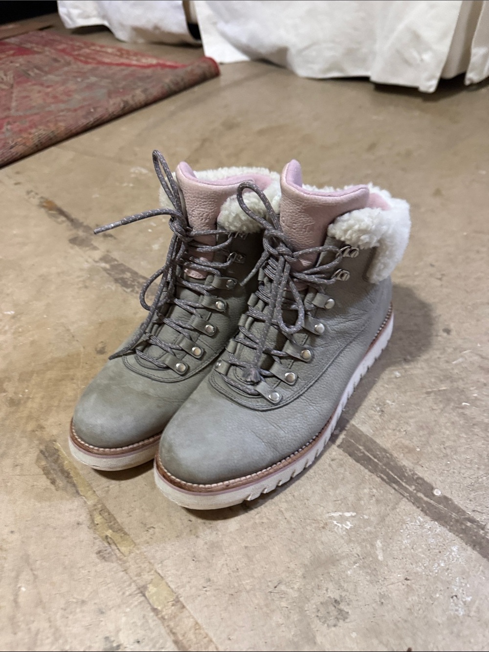 Cole Haan Gray and Pink Lace-Up Shearling Boots